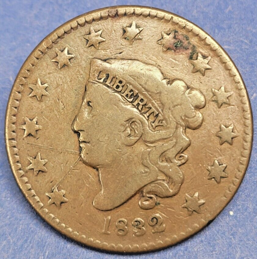1832 Coronet Head Large Cent 1c, Large Letters
