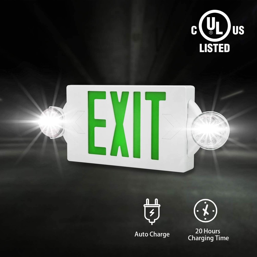 2 Pack LED Exit Sign Emergency Light–Hi Output Compact Combo UL listed (Green)