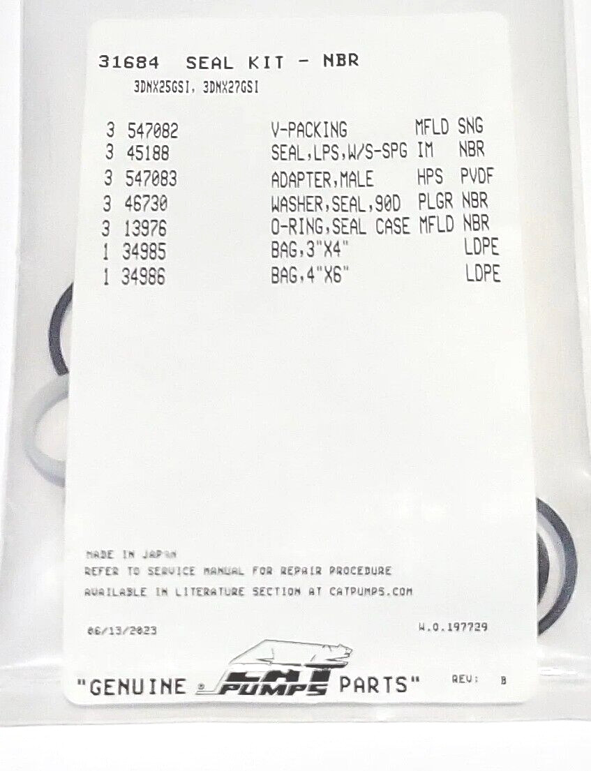 31684  SEAL KIT FOR CAT PUMP 3DNX SERIES   PUMPS 3DNX25GSI, 3DNX27GSI, 3GXT30