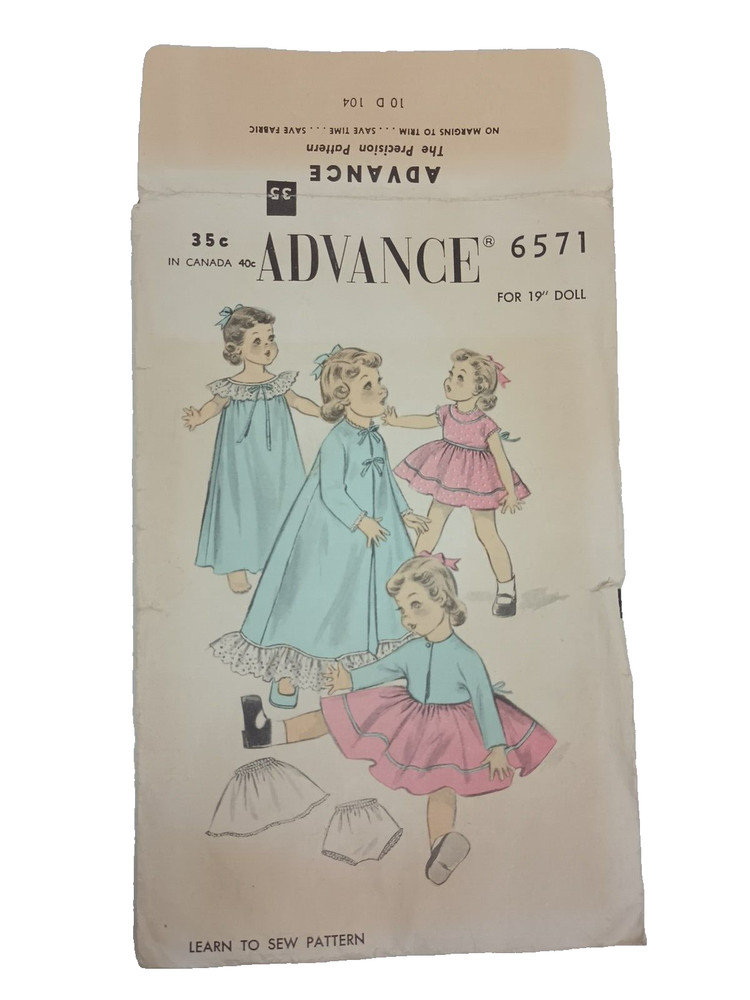 Advance 6571 Doll 19 Inch Unprinted Sewing Pattern Complete with Instructions