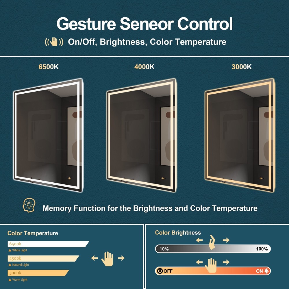 30'' x 30'' Led Bathroom Mirror Gesture Control Wall Mounted Frameless Lighted