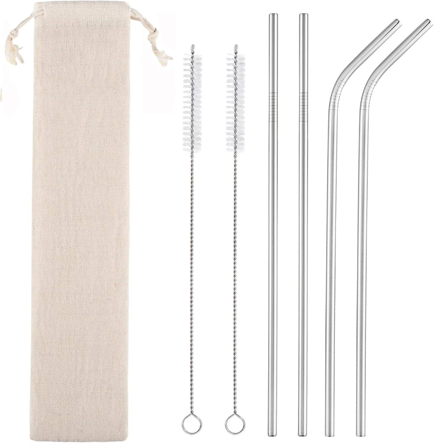 Set of 4 Reusable Metal Straws, Long Stainless Steel Straw with Cleaning Brus...