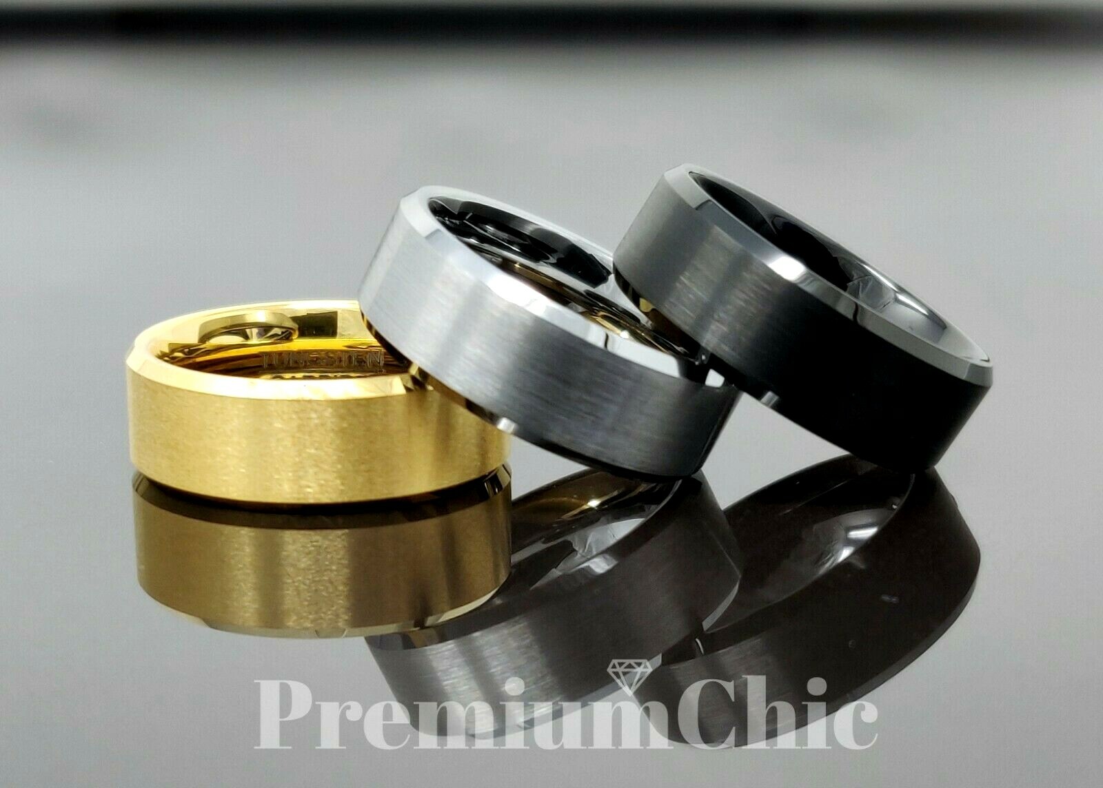 24k Gold Plated Tungsten Carbide Men's Wedding Band Ring Brushed Beveled Edge
