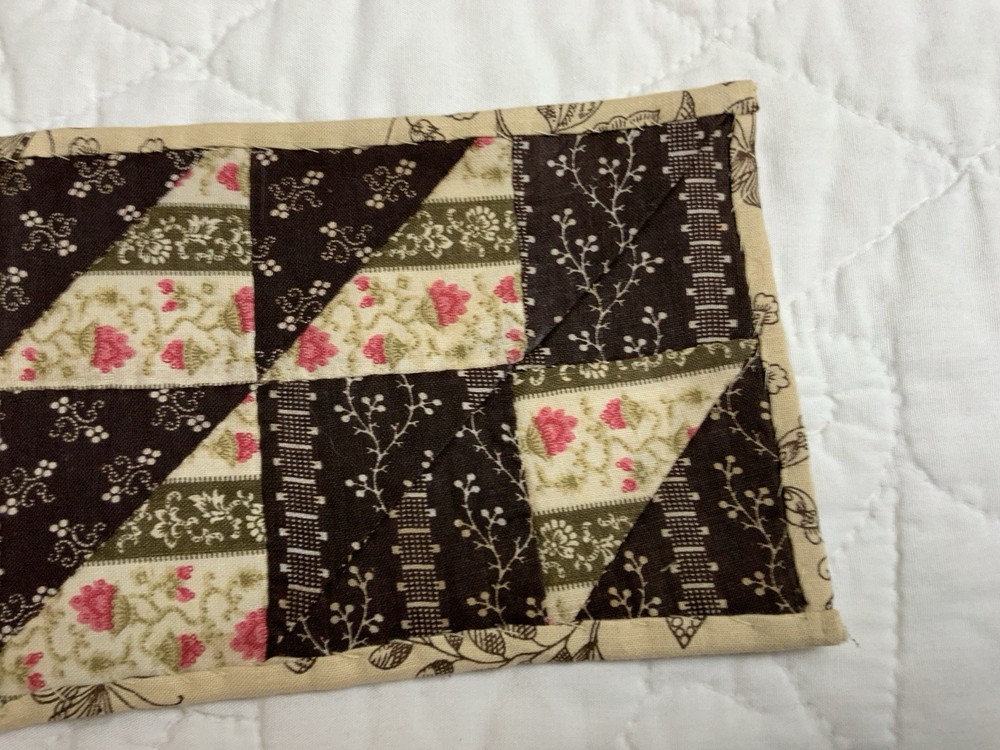 Antique Patchwork Quilt Table Topper, Nine Patch, Triangle, Early Calicos, Brown