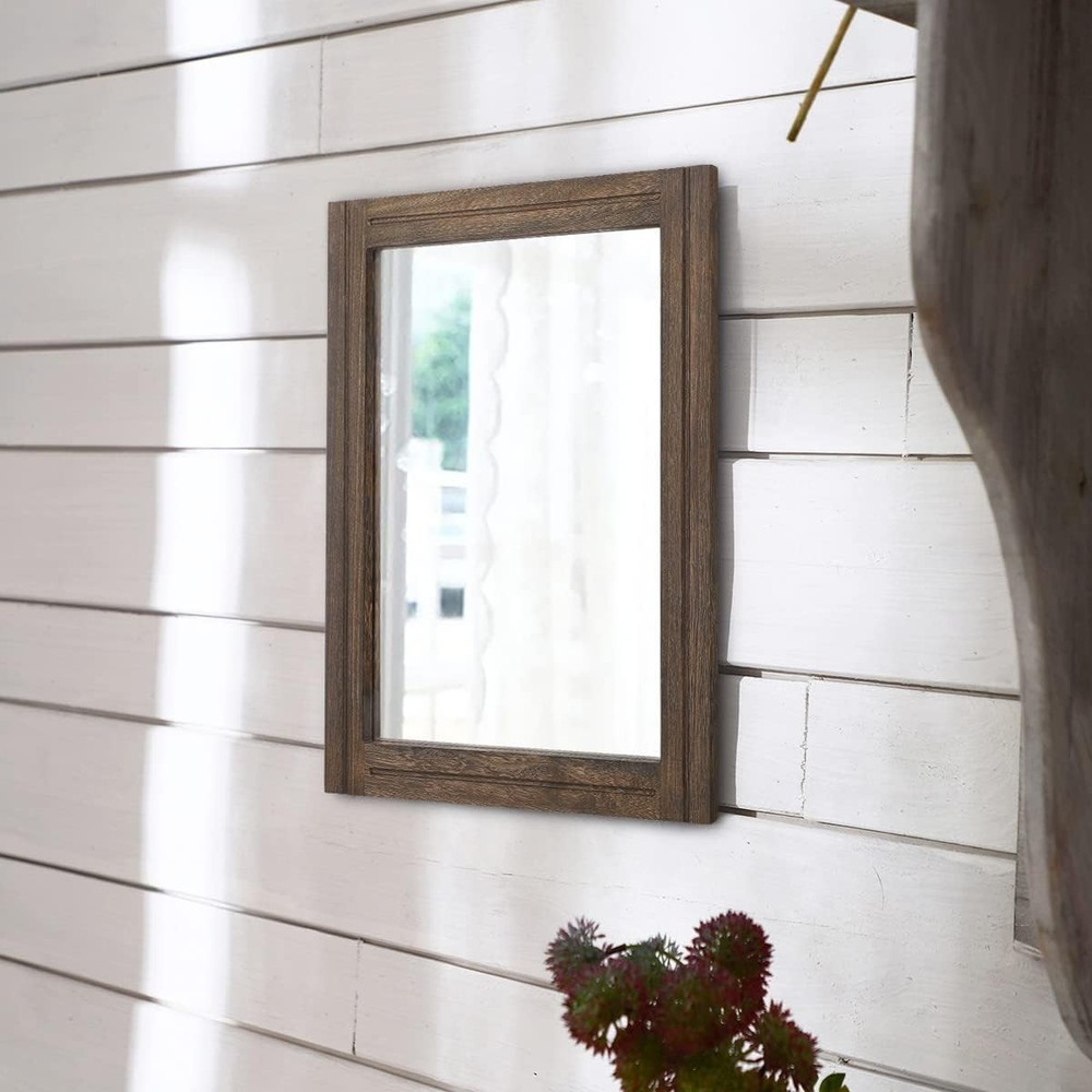 Rustic Wood Mirror Rectangle Decorative Wall Hanging Mirrors with Frame for B...