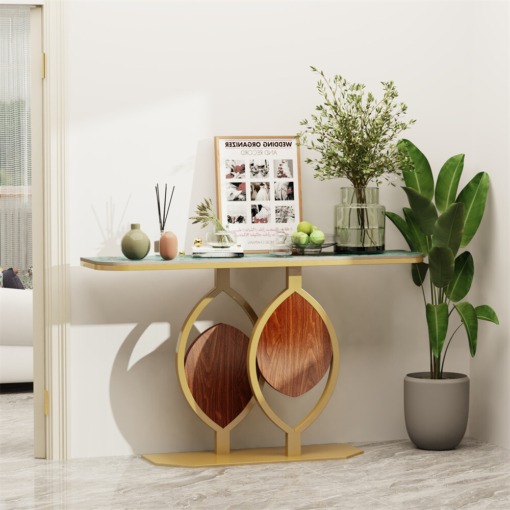 Modern Console Table Sintered Stone entry Table with Geometric/Leaf Golden Base