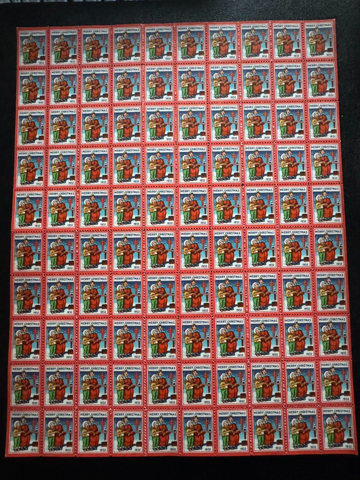 Vintage 1932 U.S. Christmas Seal Stamp Full Sheet M, OG, NH Some Imperfect Edges
