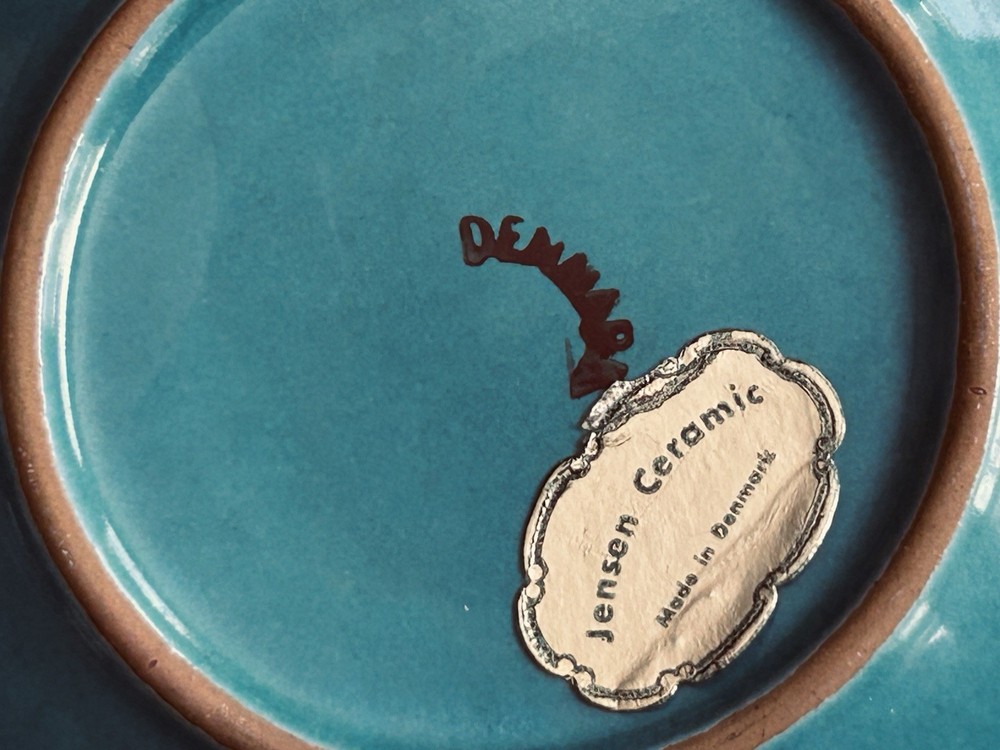 Jensen Ceramic Denmark Dish Plate Turquoise Blue & Brass