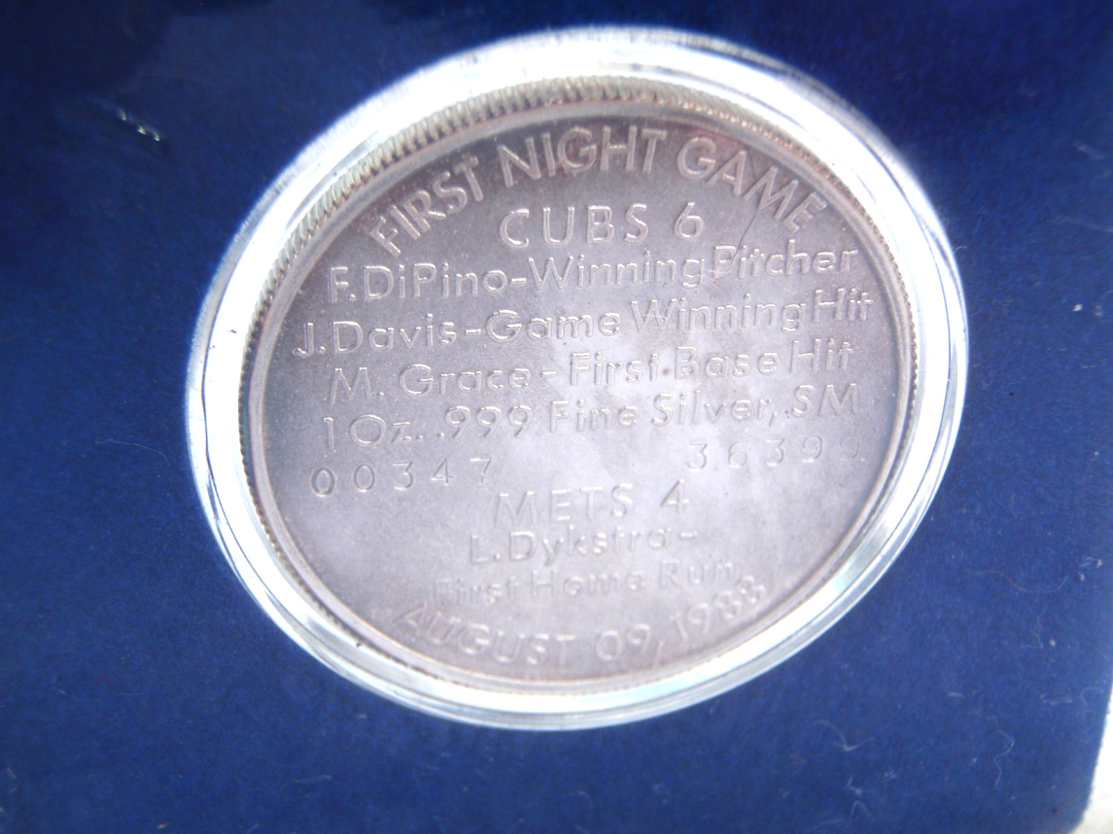 VTG:1st NIGHT GAME@ WRIGLEY FIELD CHICAGO CUBS 1 oz .999 SILVER COIN-AUG 9, 1988