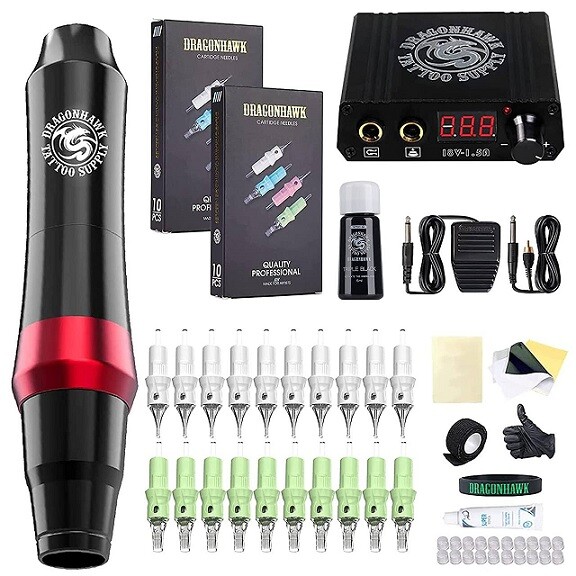 Dragonhawk S4 Tattoo Pen Machine Kit 20Pcs Cartridges Needles Power Supply