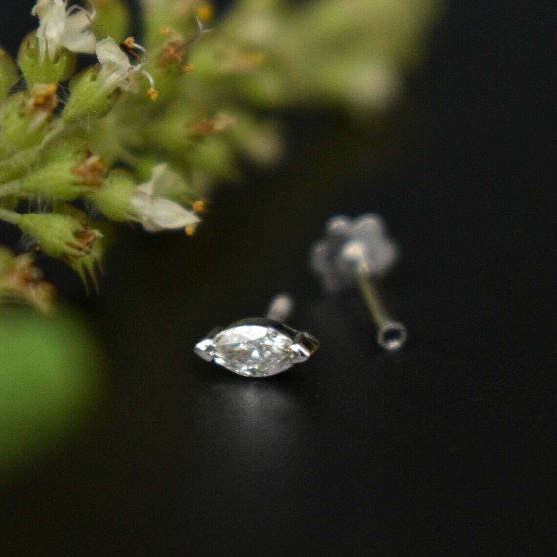 2.5MM GH SI Marquise Natural Diamond Piercing Screw Back Nose Pin 14K White Gold