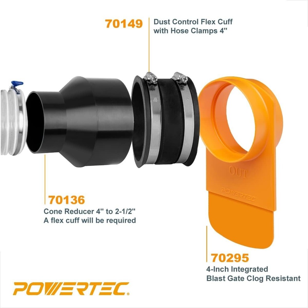 POWERTEC 4" Integrated Blast Gate with 4" Flex Cuff & 4" to 2-1/2" Cone Reducer