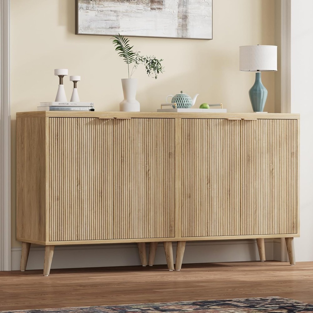 Buffet Cabinet W/ Storage Modern Fluted Accent Sideboard W/ Doors & Adjustable