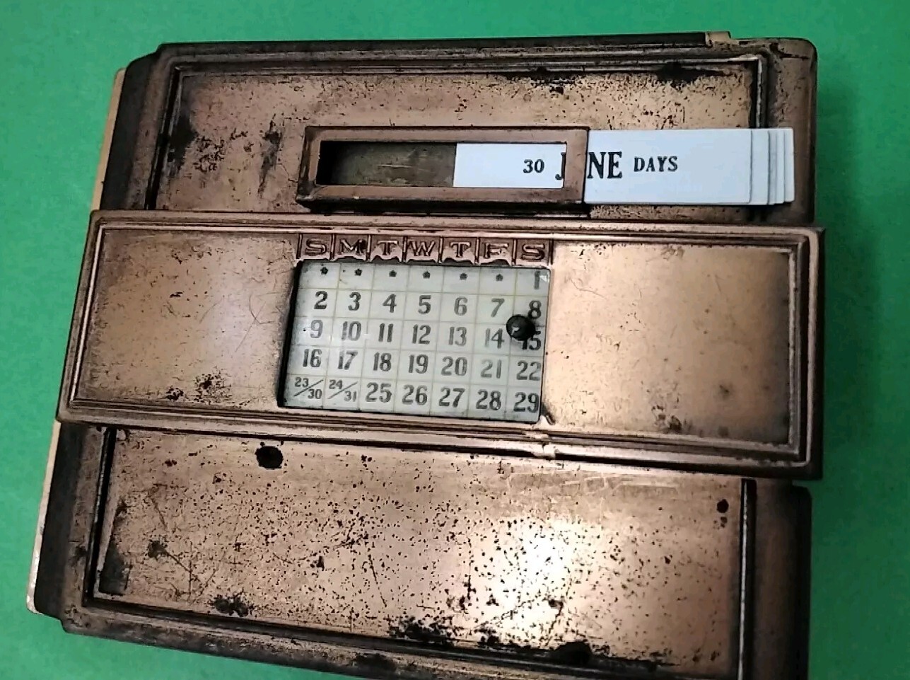 Antique Perpetual Calendar 1916 J.E Mergott NJ Clipboard Note Holder copper desk