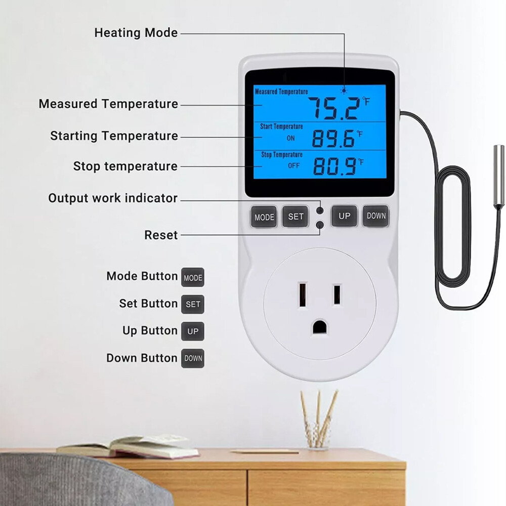 Digital Thermostat Outlet Plug Temperature Controller Heating Cooling w/ Probe W