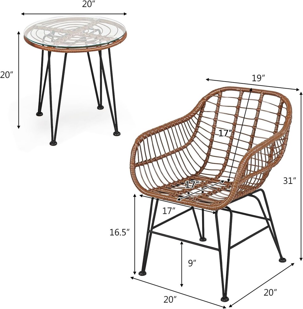 Wicker Bistro Set DORTALA 3 Piece Glass Table