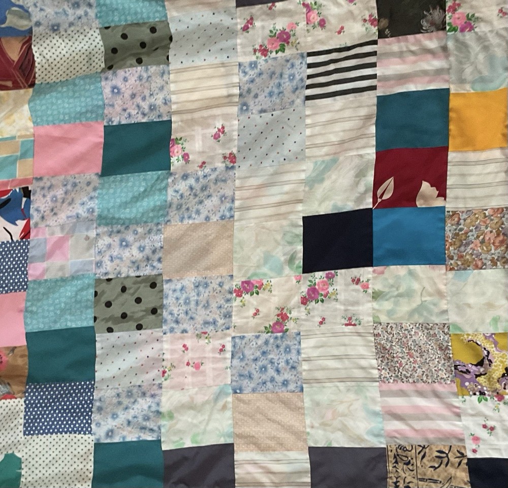 Handmade Crazy Quilt Patchwork Squares Multicolor Mixed Prints Fabrics Lap 52x40