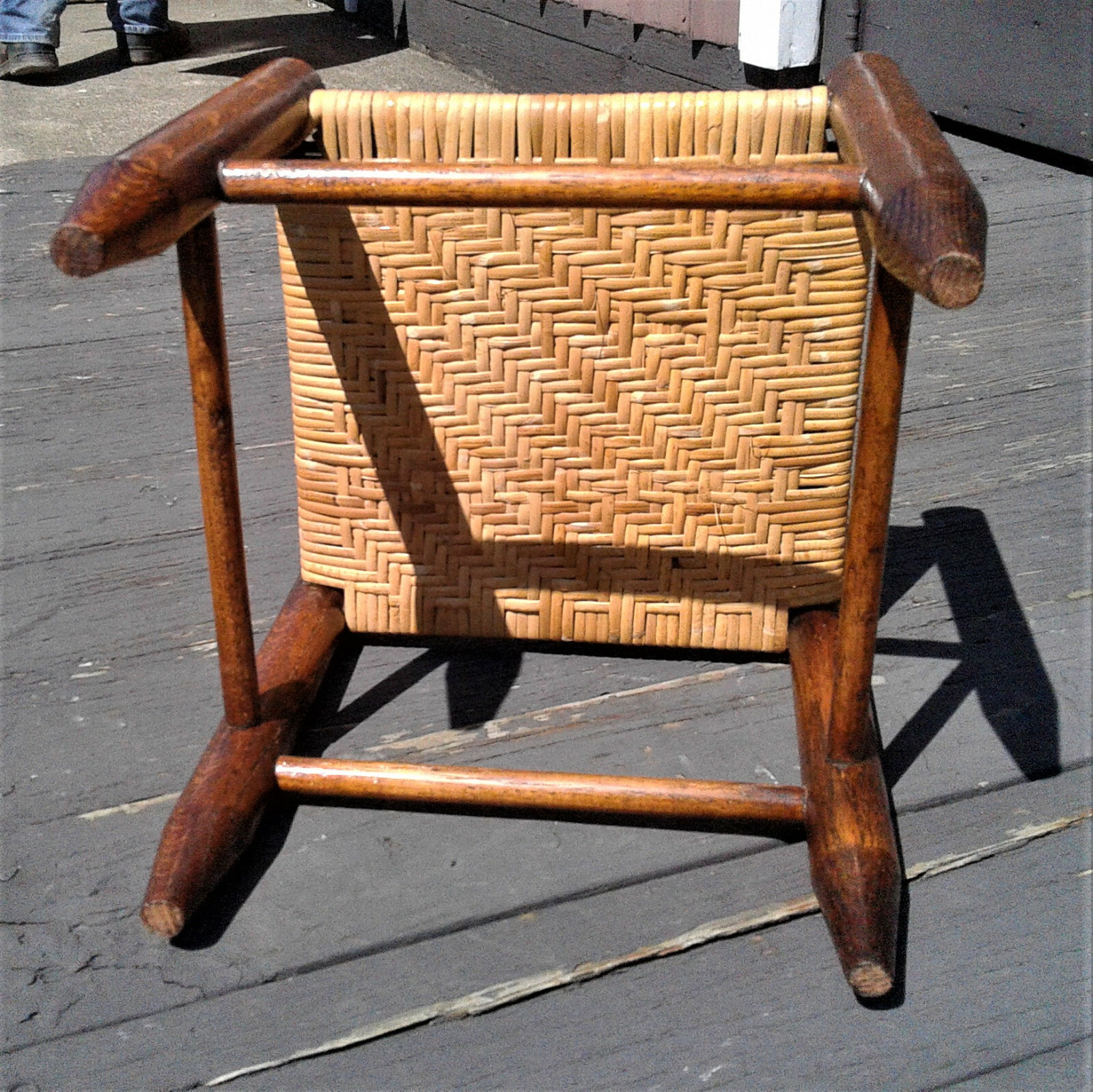 Antique Oak Foot Stool with Hand Woven Seat 1900s Era