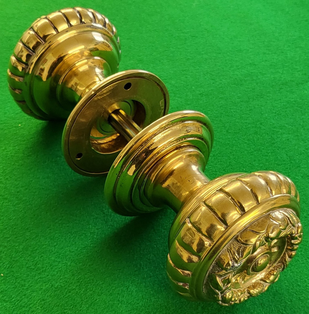 Pair large round solid cast brass door knobs antique Regency pull handles 67mm.