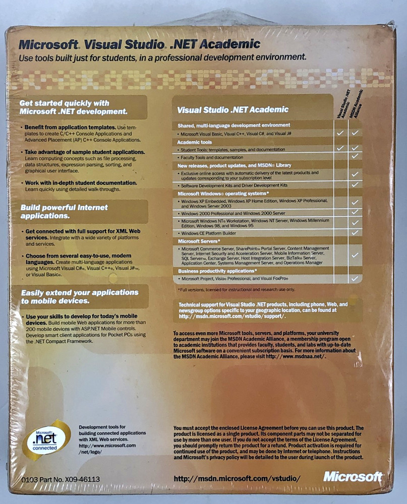 Microsoft Visual Studio .NET Academic Version 2003 Sealed DAMAGED PACKAGE