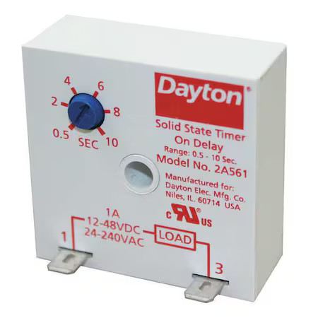 Dayton 2A561 Single Function Encapsulated Timing Relay, Square, On Delay, 1