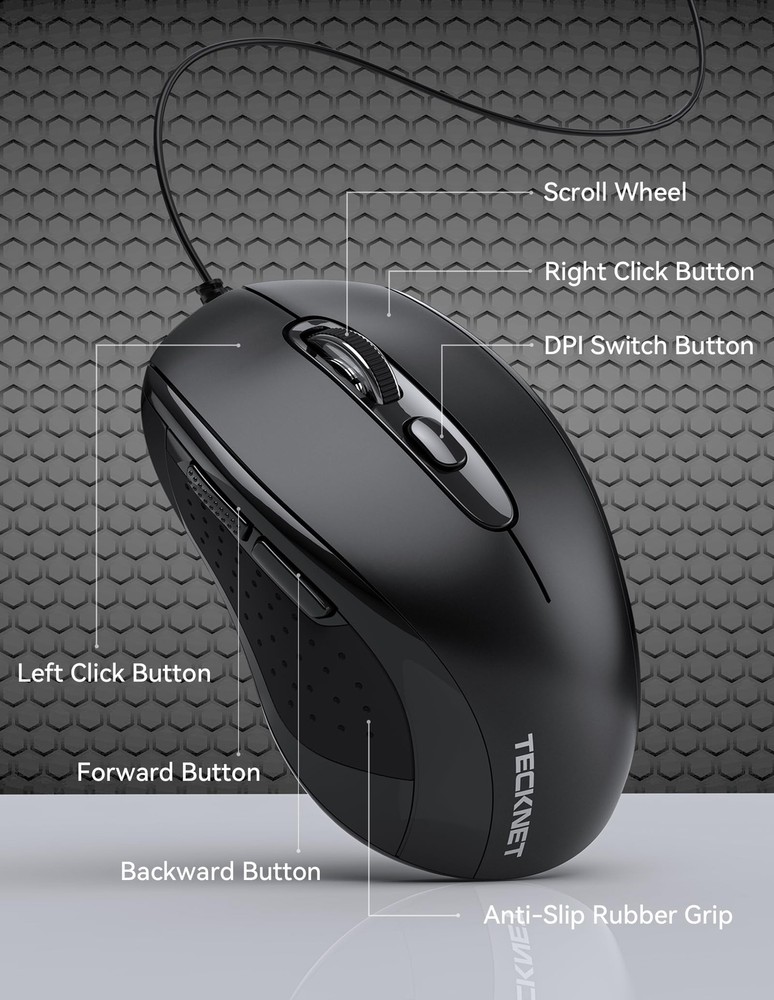 TECKNET Wired Mouse, USB Wired Computer Mouse, 3600DPI 4 Adjustable Levels, 6...