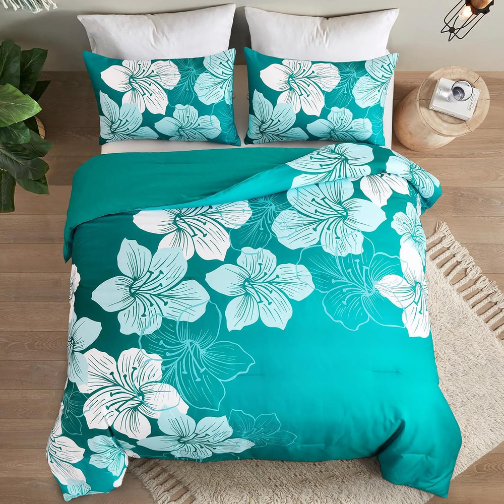Queen Comforter Set Gradient Teal Bedding Floral Comforter Sets - Soft Microfibe