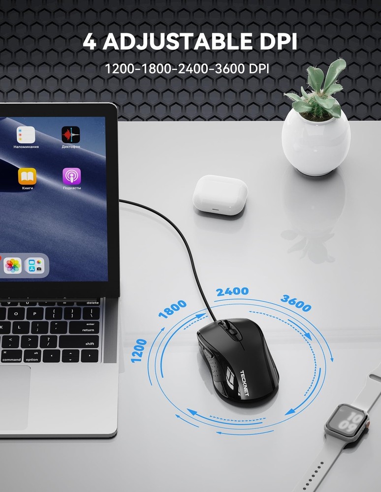 TECKNET Wired Mouse, USB Wired Computer Mouse, 3600DPI 4 Adjustable Levels, 6...
