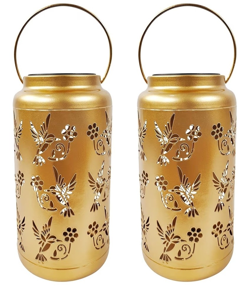 Bliss Medium Solar Lantern Set Gold Hummingbird Pattern LED Waterproof