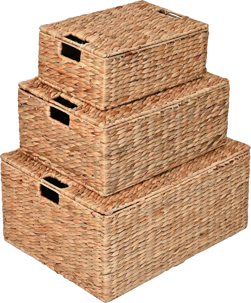 BSK2006A-3SET Brooks Classic Farmhouse Woven Hyacinth Rectangular Wicker Storage