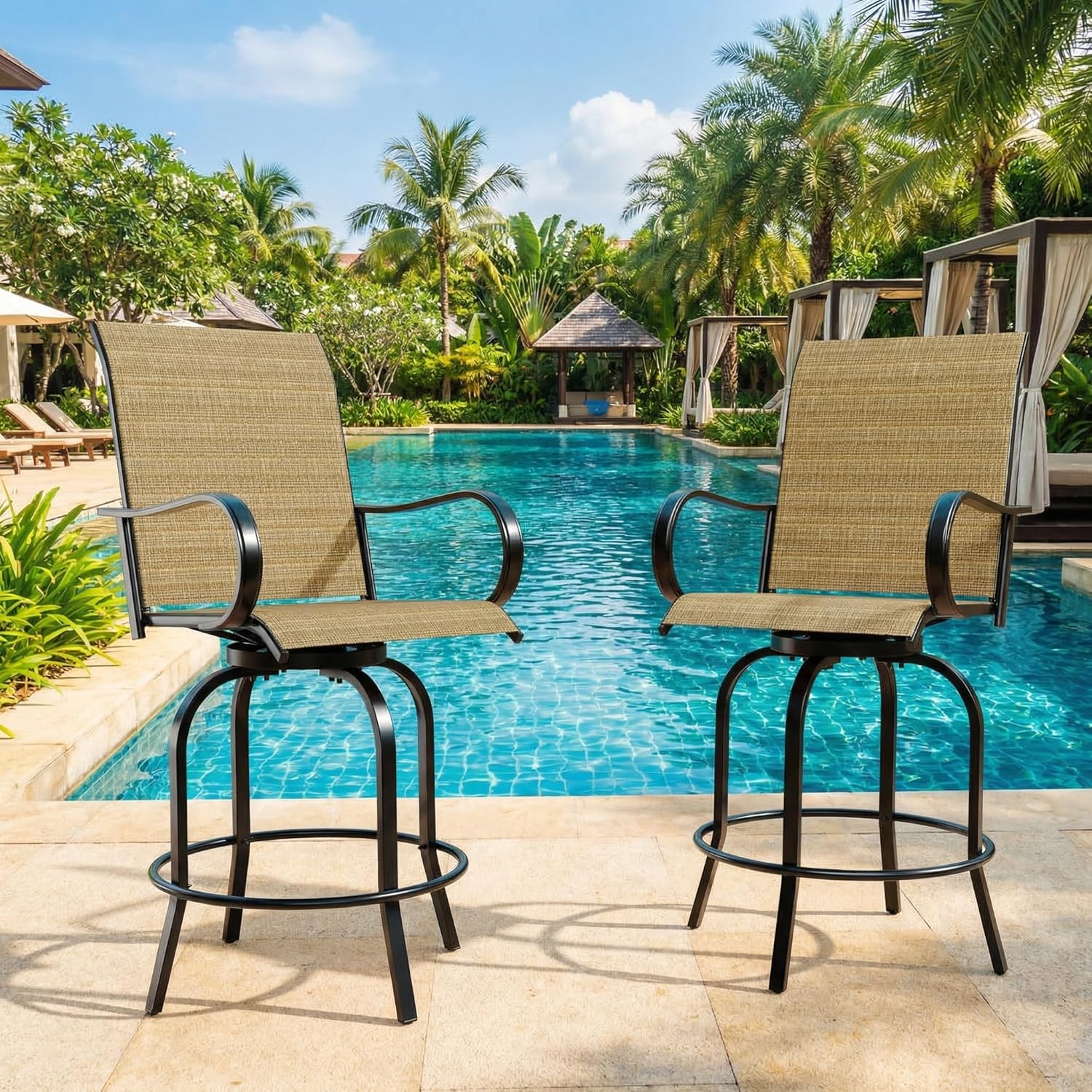 Patio Bar Stools Set of 2, Patio High Swivel Bar Stools with High Back & Armrest