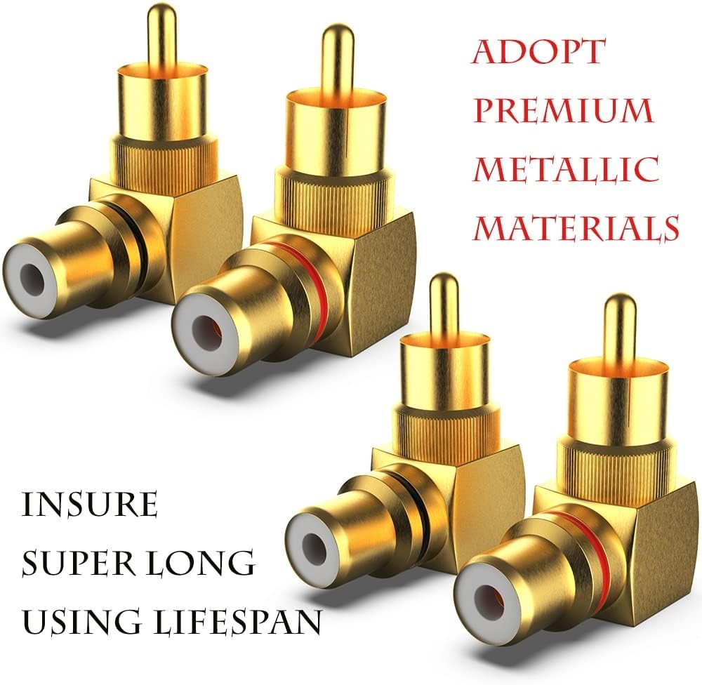 2-Pack RCA Right Angle Adapter 90 Degree Male to 2-PACK, Gold Plated