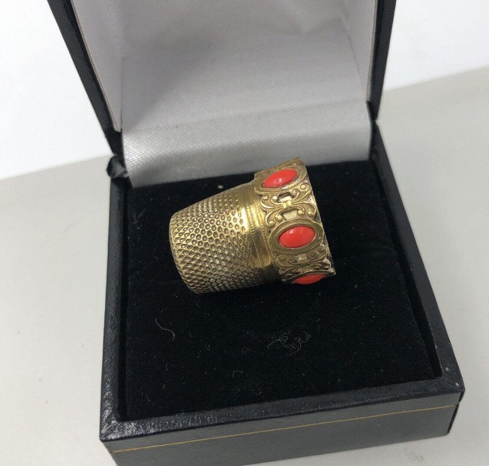 Solid Silver Thimble Gilded Stone Set Italian Approx size 6 Boxed. c1960