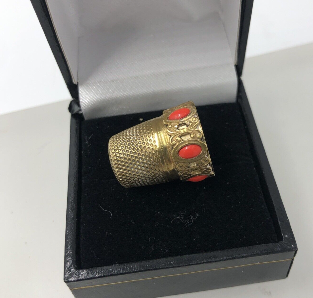Solid Silver Thimble Gilded Stone Set Italian Approx size 6 Boxed. c1960
