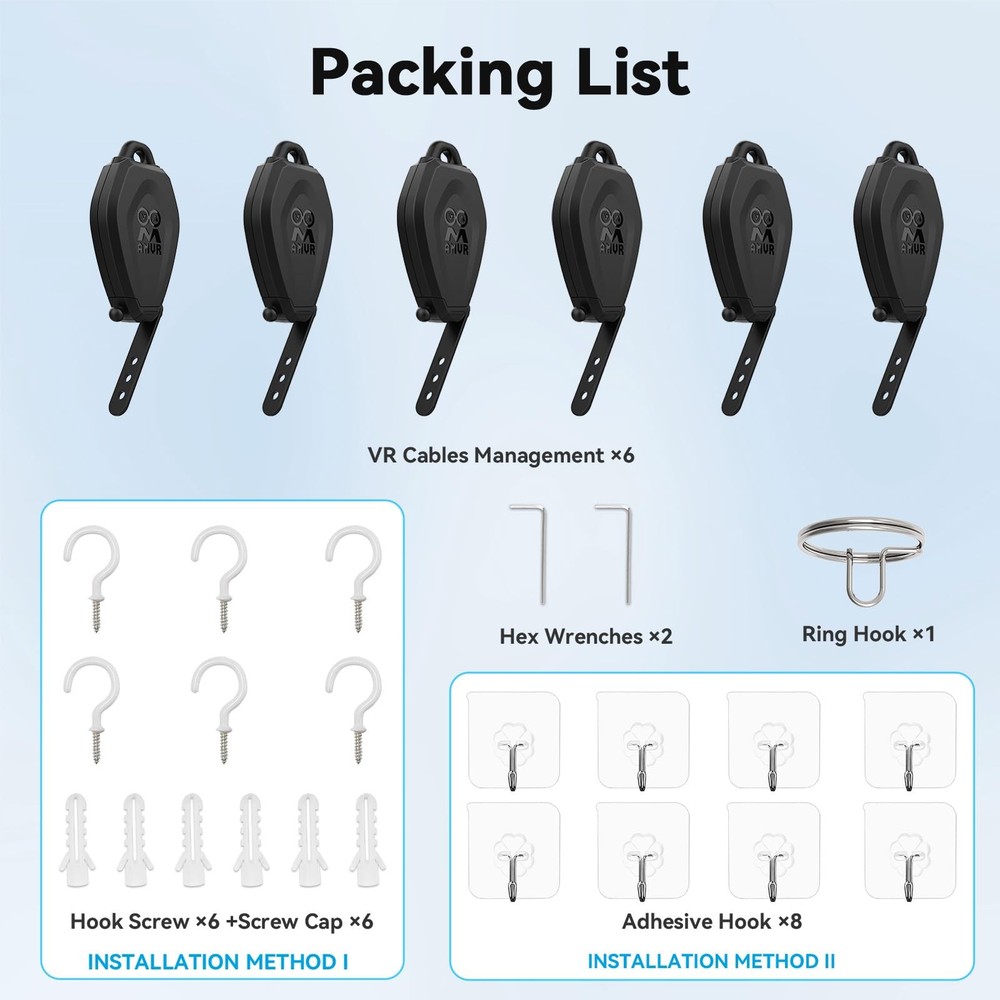 VR Cable Management System, 6 Pack Ceiling Pulley for Quest 3/2, Valve Index