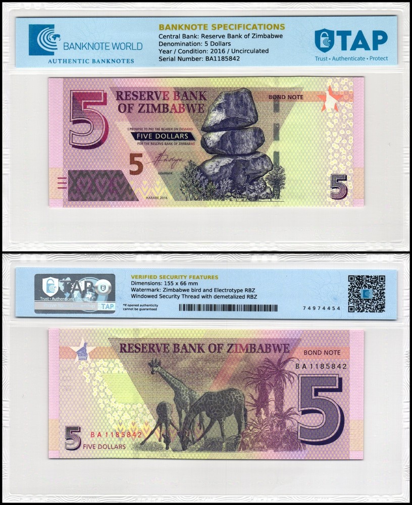 Zimbabwe 5 Dollars, 2016, P-100a.2, UNC, Authenticated Banknote