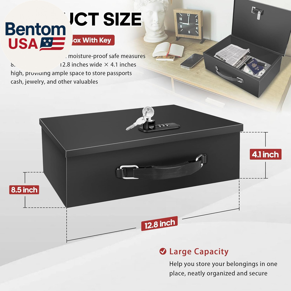 Fireproof Lock Box with Key and Combination Lock, Fire Safe Document Box, Portab