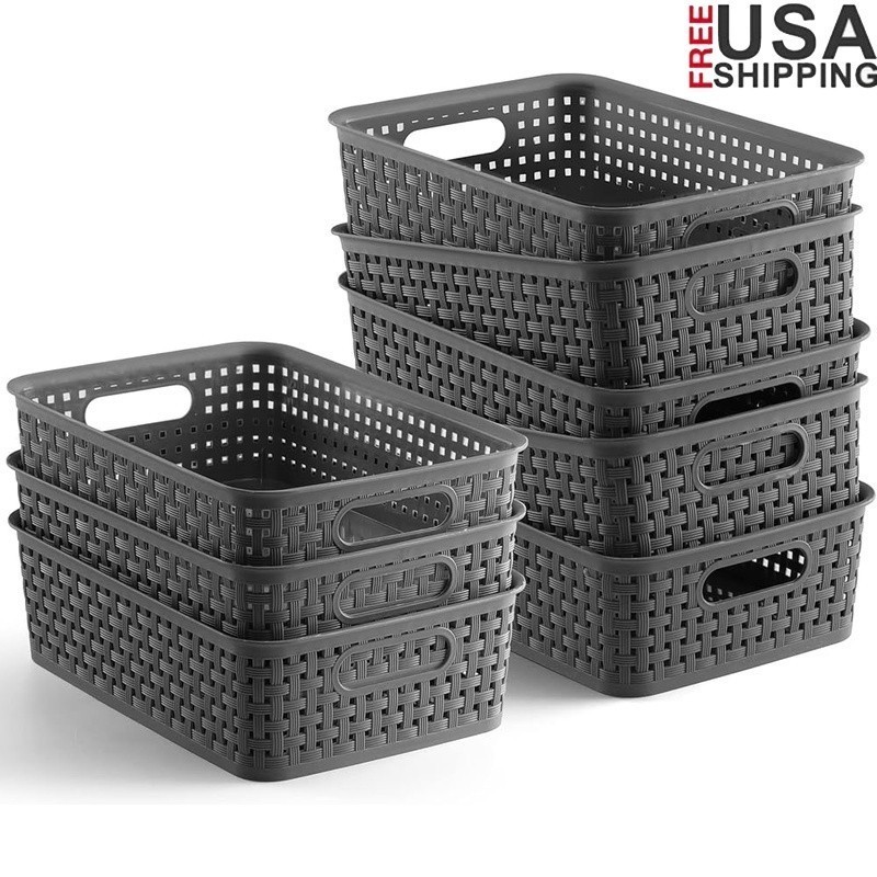8 Woven Plastic Baskets Home Organization Multi-purpose Storage Containers New