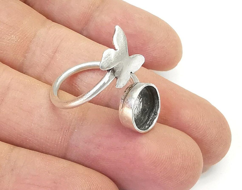 Butterfly Ring Blank Base Silver Round Setting Cabochon Adjustable Brass G26144