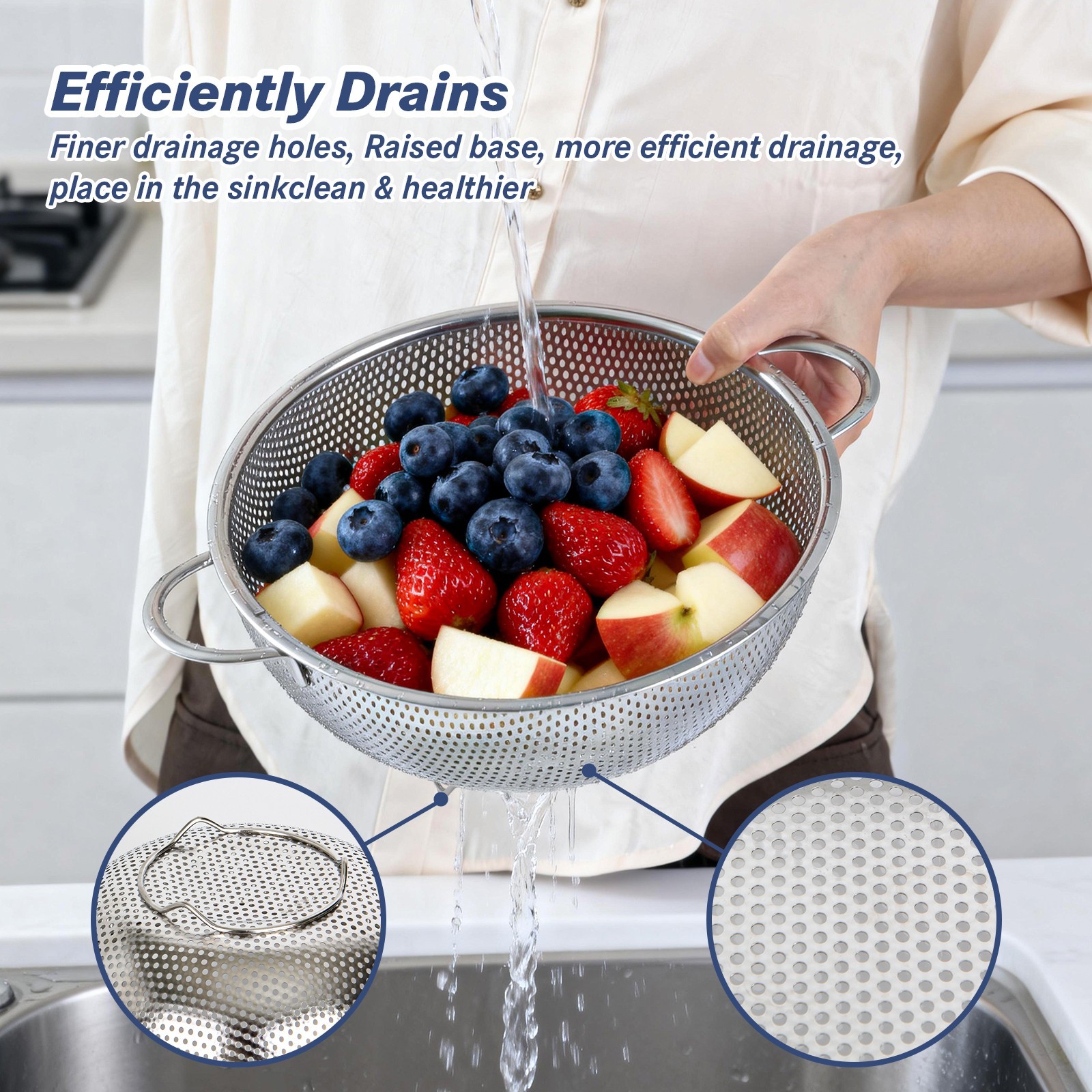 tastyWay 3Pcs Colander Set Stainless Steel Kitchen Bowl Drainer Vegetable Sieve
