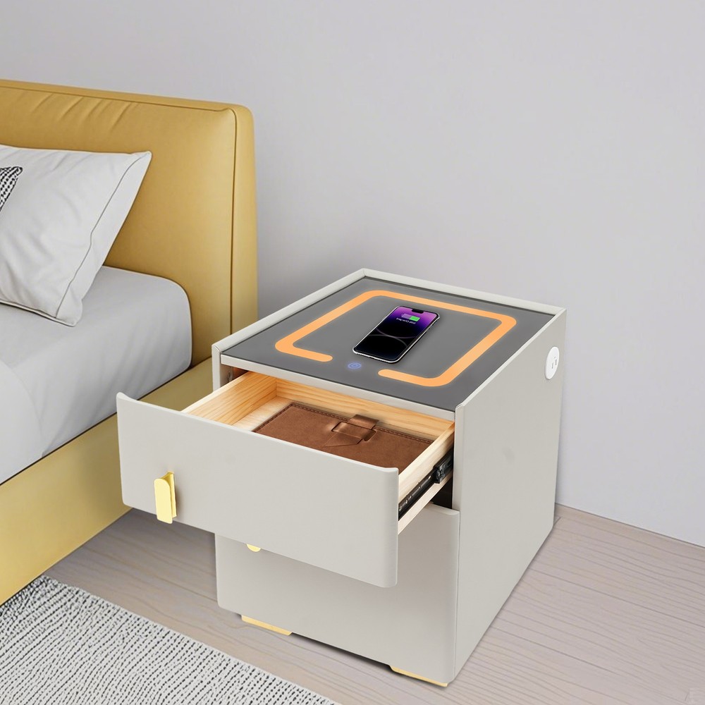Phone Charging Bedside Cabinet, Grey, Bedside Table with Safe+Combination Lock