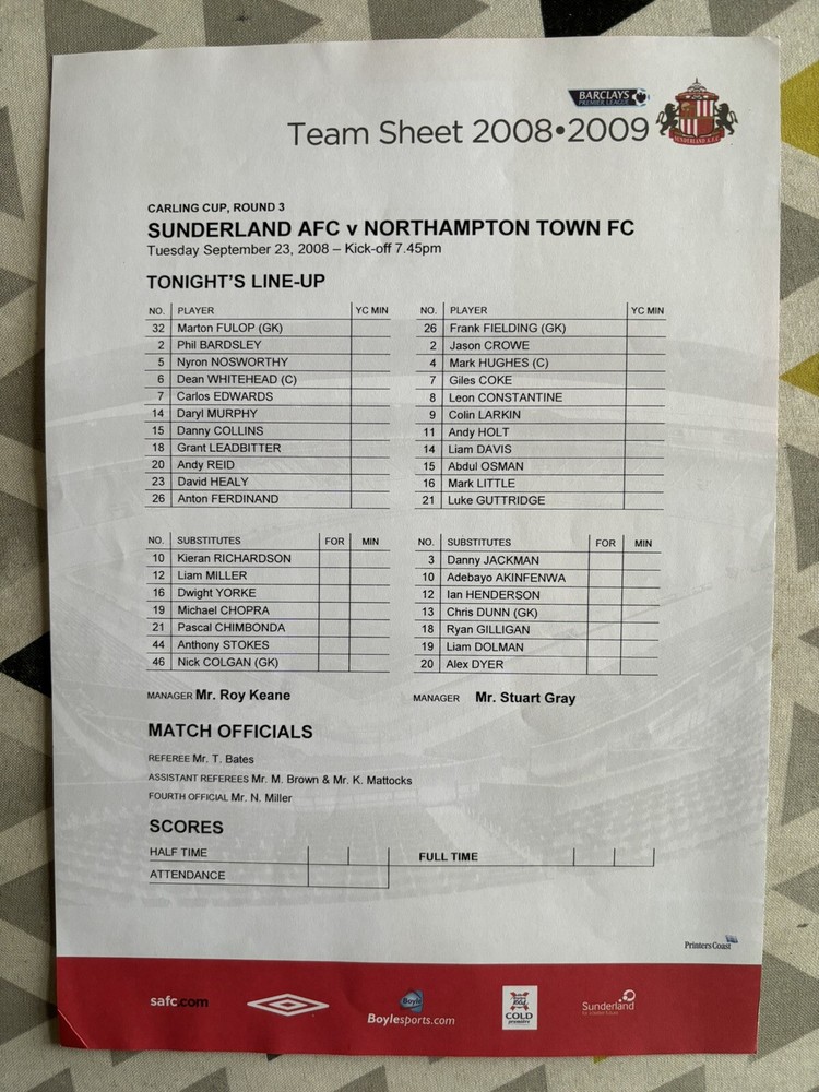 Sunderland Team Sheets X9 2004-09