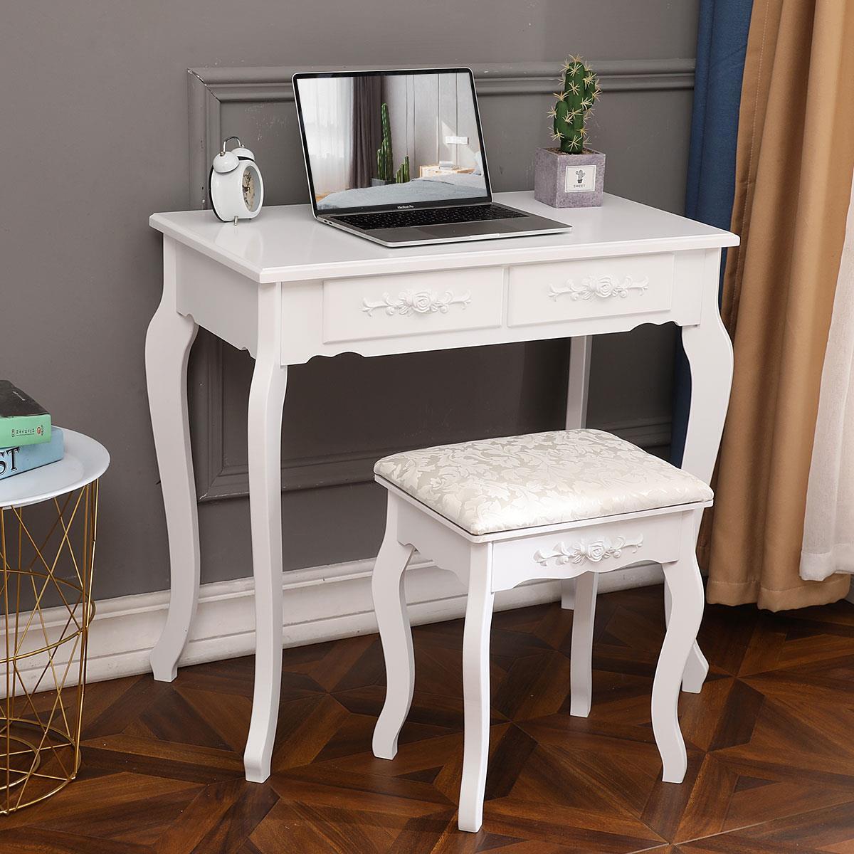 Vanity Makeup Dressing Table Stool Set w/4 Drawers& Mirrors Wood Desk White