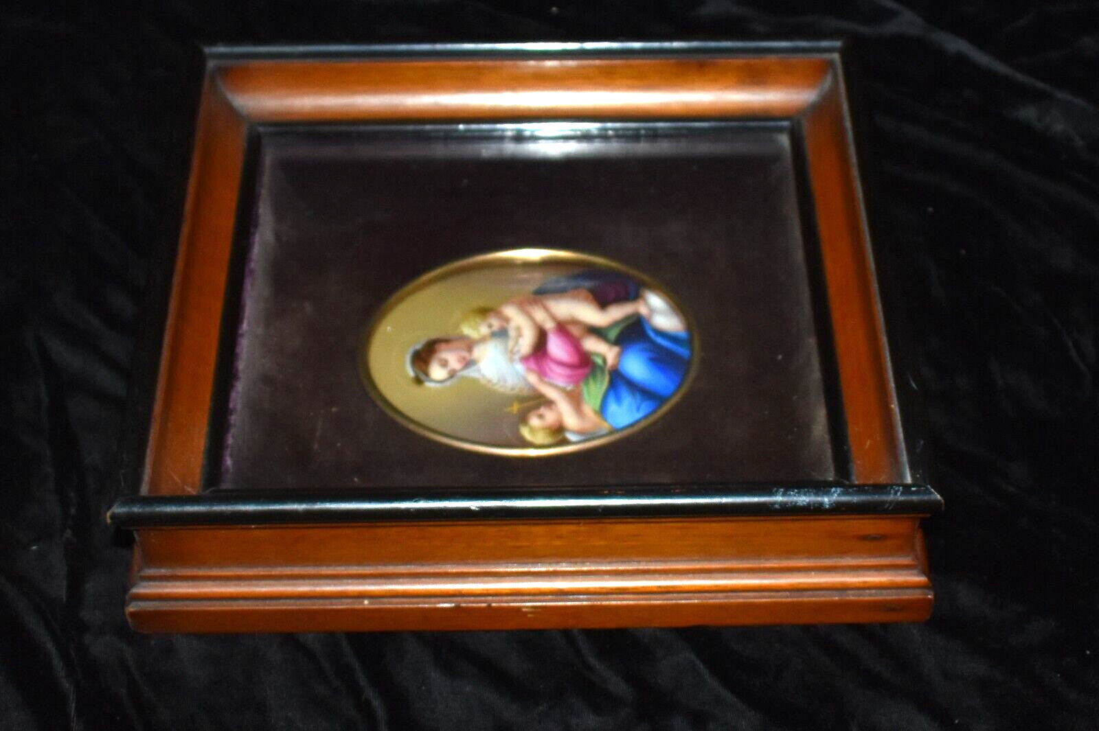 Antique KPM Style Germany Porcelain Plaque Madonna Child & Cherub Framed