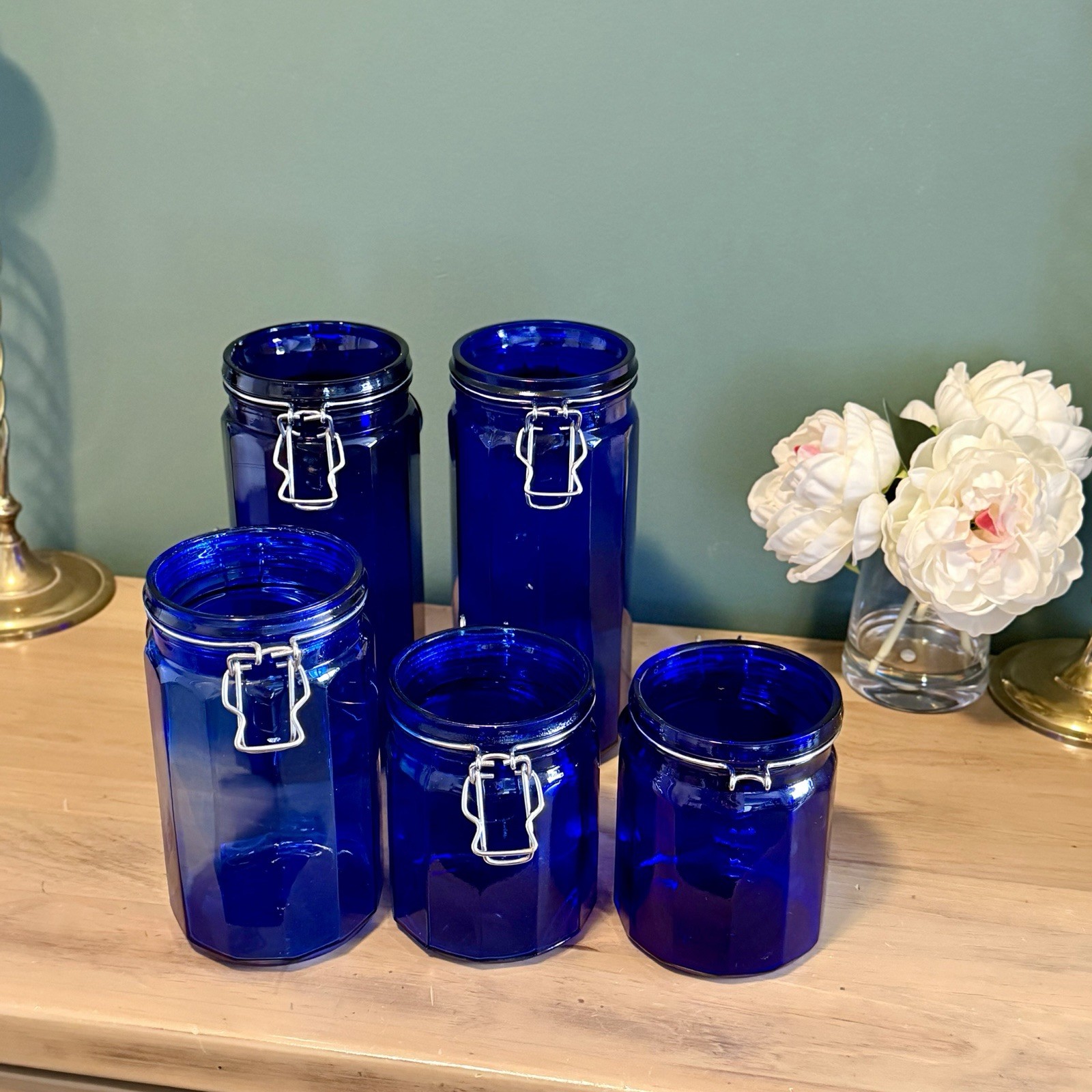 Vintage Cobalt Blue Glass Canister Set 5 Wire Bale Jars Italian Glass