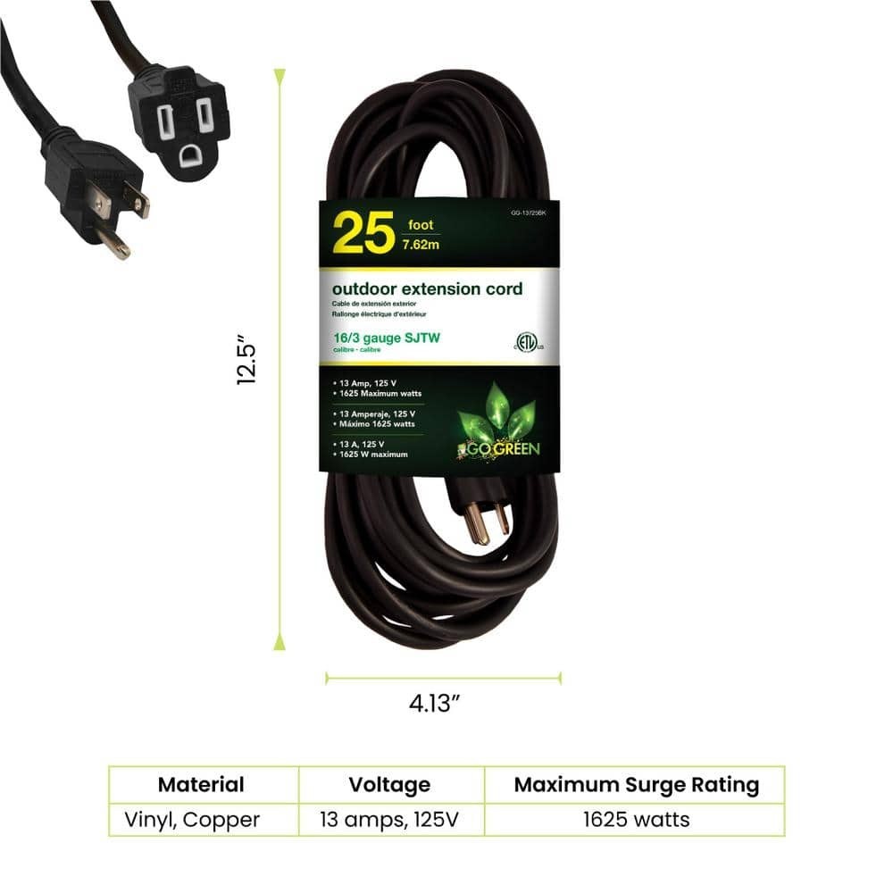 GoGreen Power 25 ft. 16/3 Heavy Duty Extension Cord - Black