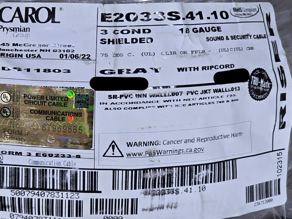 Carol E2033S 18/3C Shielded Bare Copper Sound/Security Cable Riser Gray /50ft