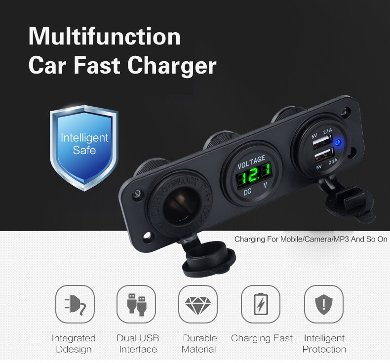 Car Boat RV Switch Panel 2 USB Charger Socket&Cigarette Lighter Voltmeter 12-24V