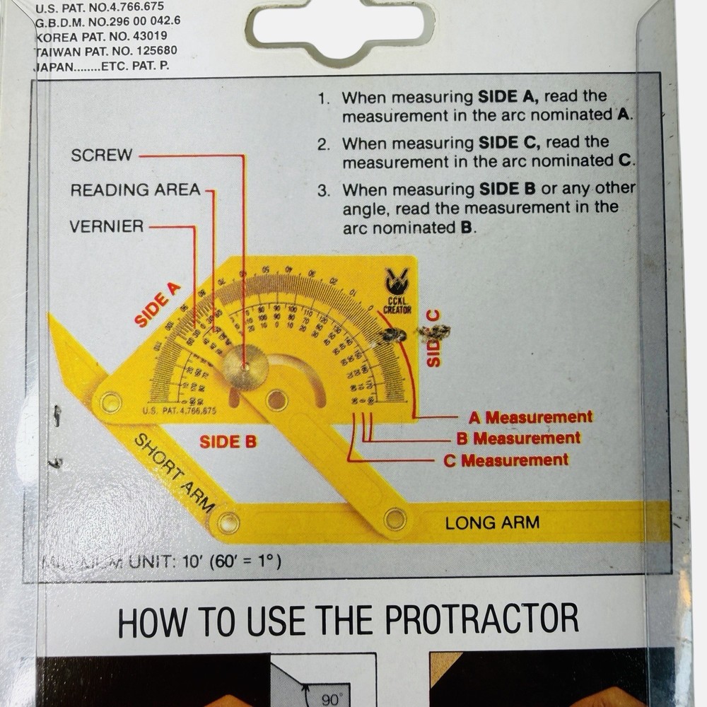 CCKL CREATOR P1028 Adjustable Protractor Multipurpose Angle Finder Yellow NEW!