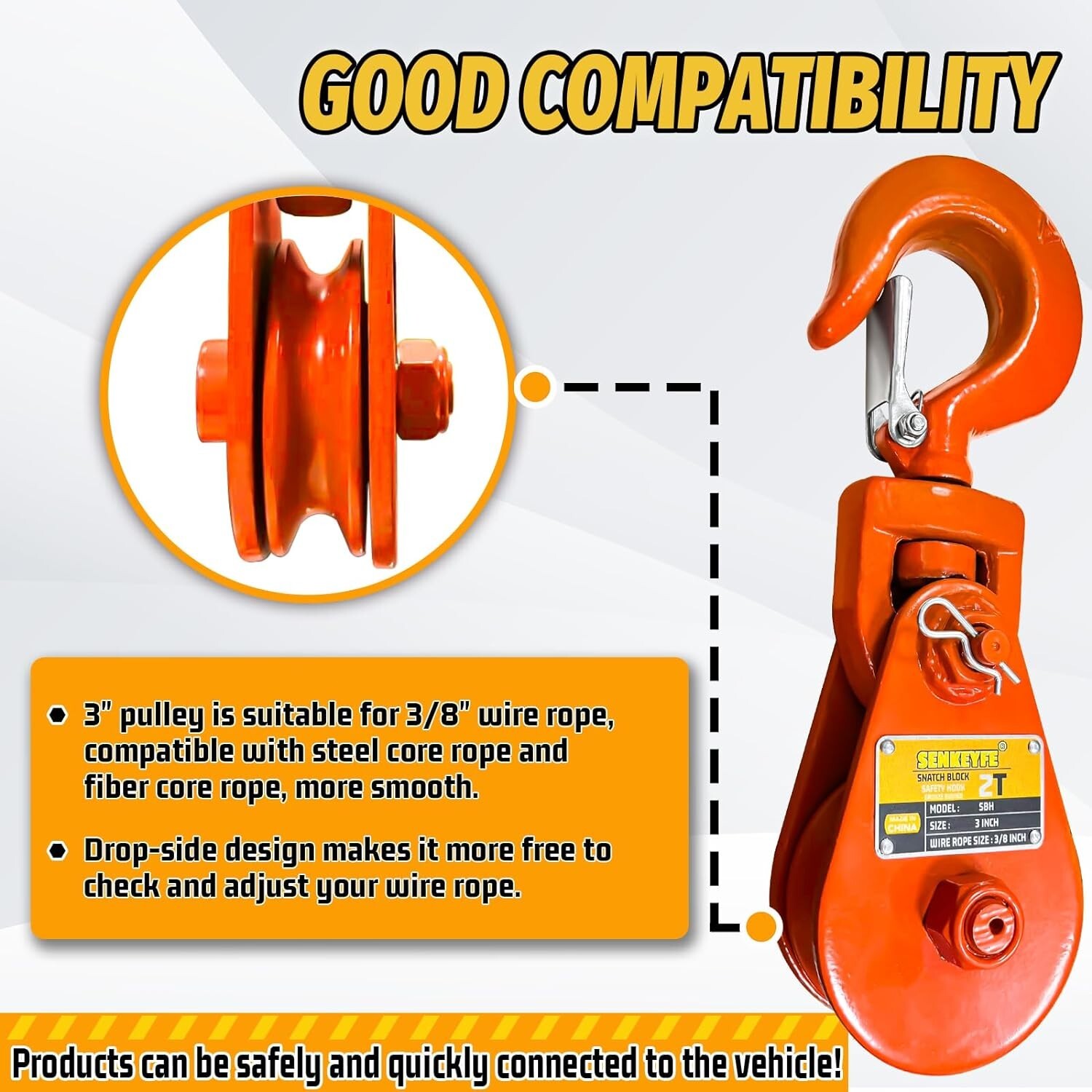 2 Ton Snatch Block with Hook, 3" Sheave for 3/8" Inch Wire Rope, 4400lbsfor Tow